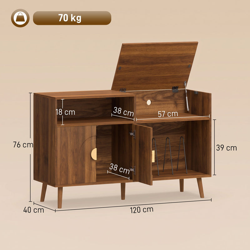 Dimension diagram of walnut record player stand showing 120W x 40D x 76H cm and 70 kg capacity