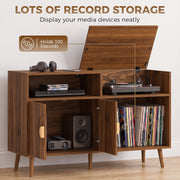Walnut record player stand open showing turntable and vinyl records, holds 300 records callout