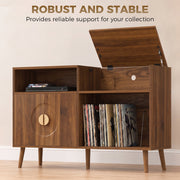 Close-up of walnut record player stand lid open showing vinyl records stored inside