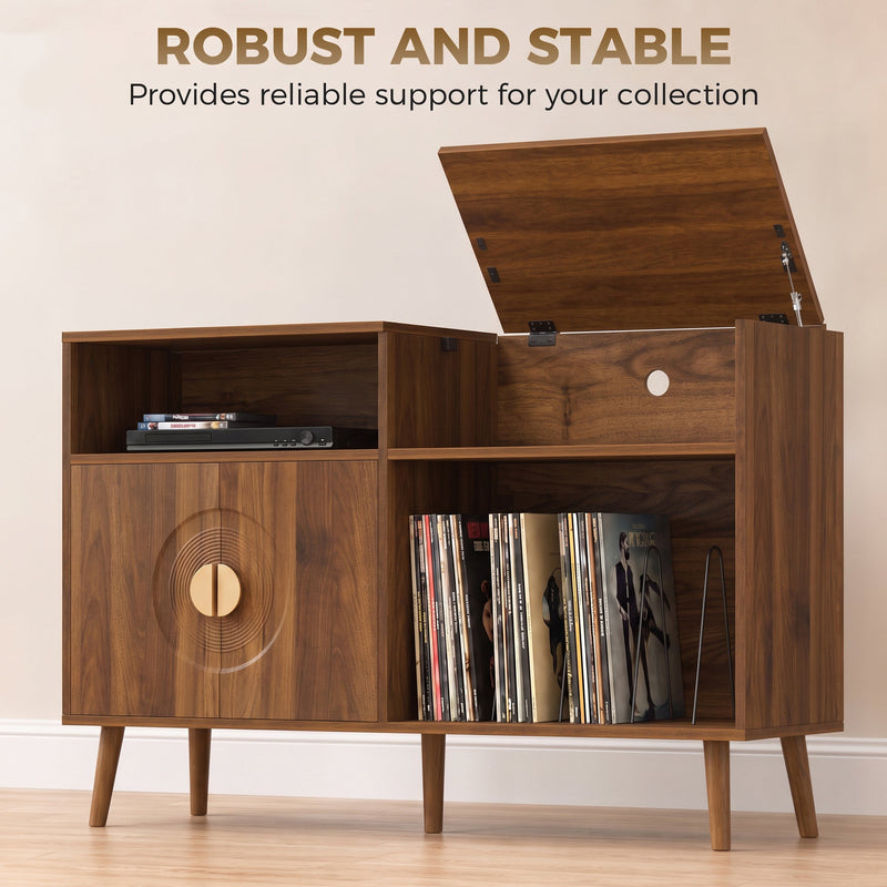 Close-up of walnut record player stand lid open showing vinyl records stored inside