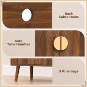Feature panel showing back cable holes, gold tone handles and 5 pine legs on walnut record player stand