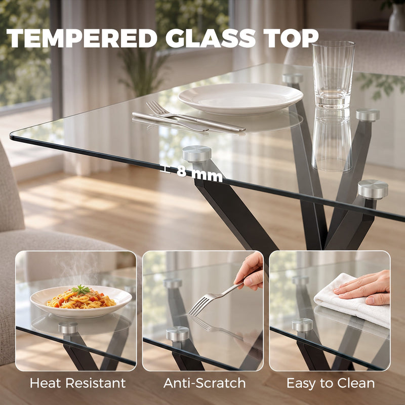 Tempered glass top close-up labelled heat resistant, anti-scratch and easy to clean