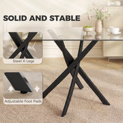 Black steel X-legs and adjustable foot pads shown beside the glass table