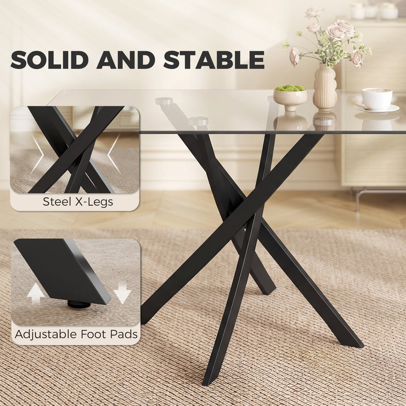 Black steel X-legs and adjustable foot pads shown beside the glass table