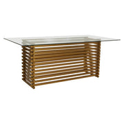 Front view of the six seater glass dining table showing the full matte gold frame