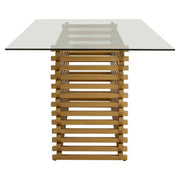 Angled view of the rectangular glass dining table showing the base profile and 78cm height