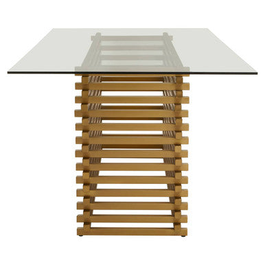 Angled view of the rectangular glass dining table showing the base profile and 78cm height