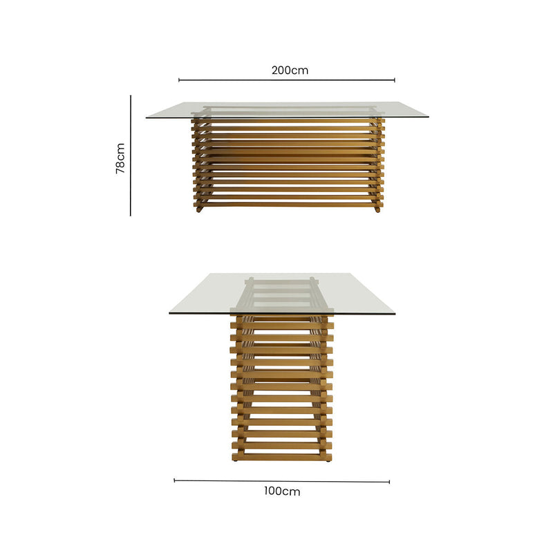 Dimensions diagram for the glass dining table showing 200cm width, 100cm depth and 78cm height