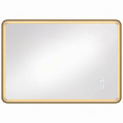 Gold rectangular LED bathroom mirror with rounded corners and a warm glowing edge, studio shot