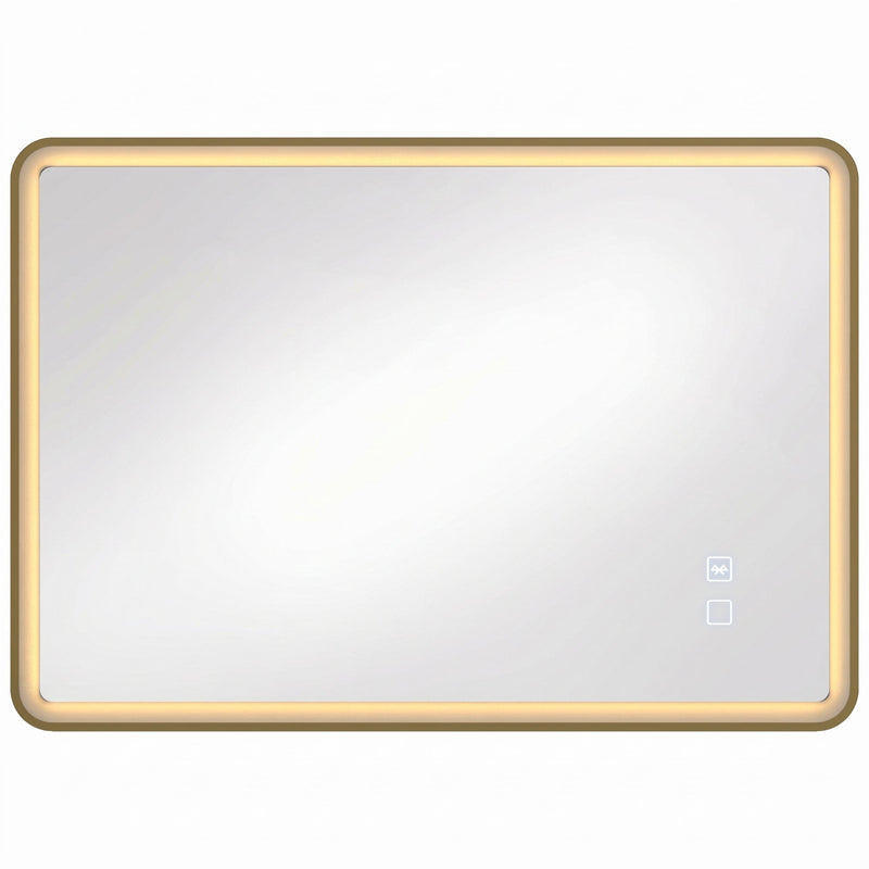 Gold rectangular LED bathroom mirror with rounded corners and a warm glowing edge, studio shot