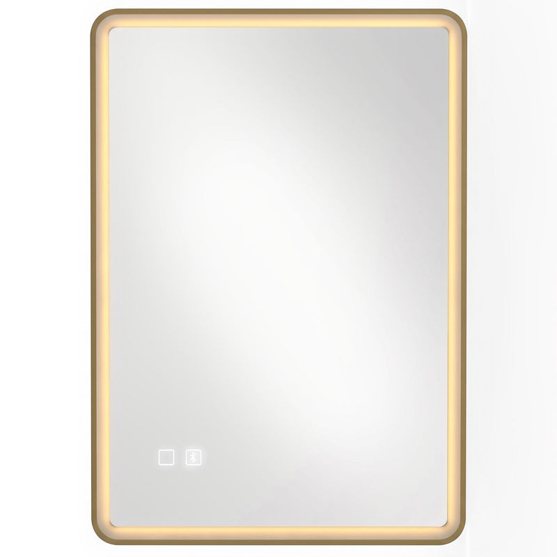 Gold LED bathroom mirror in a vertical orientation, studio shot with touch controls at the bottom corner