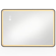 Black rectangular LED bathroom mirror with rounded corners and a warm glowing edge, studio shot