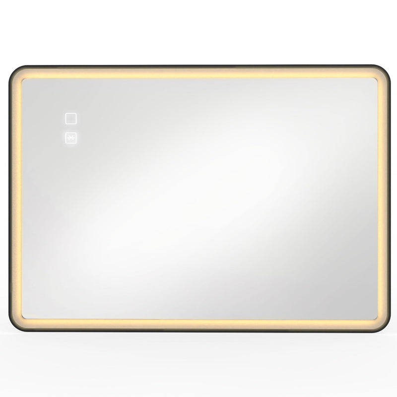 Black rectangular LED bathroom mirror with rounded corners and a warm glowing edge, studio shot