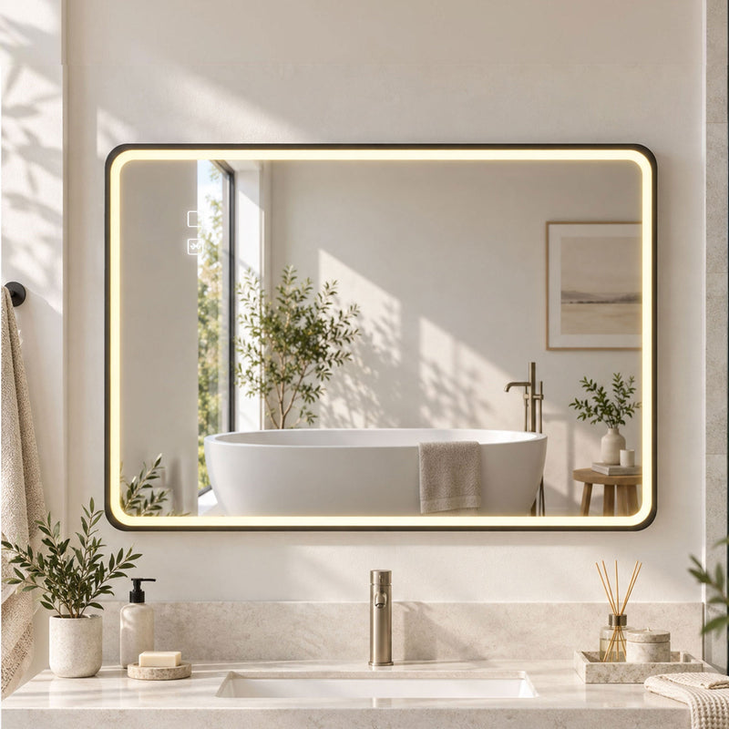 Black-framed LED bathroom mirror lit above a vanity with a freestanding bath reflected in it