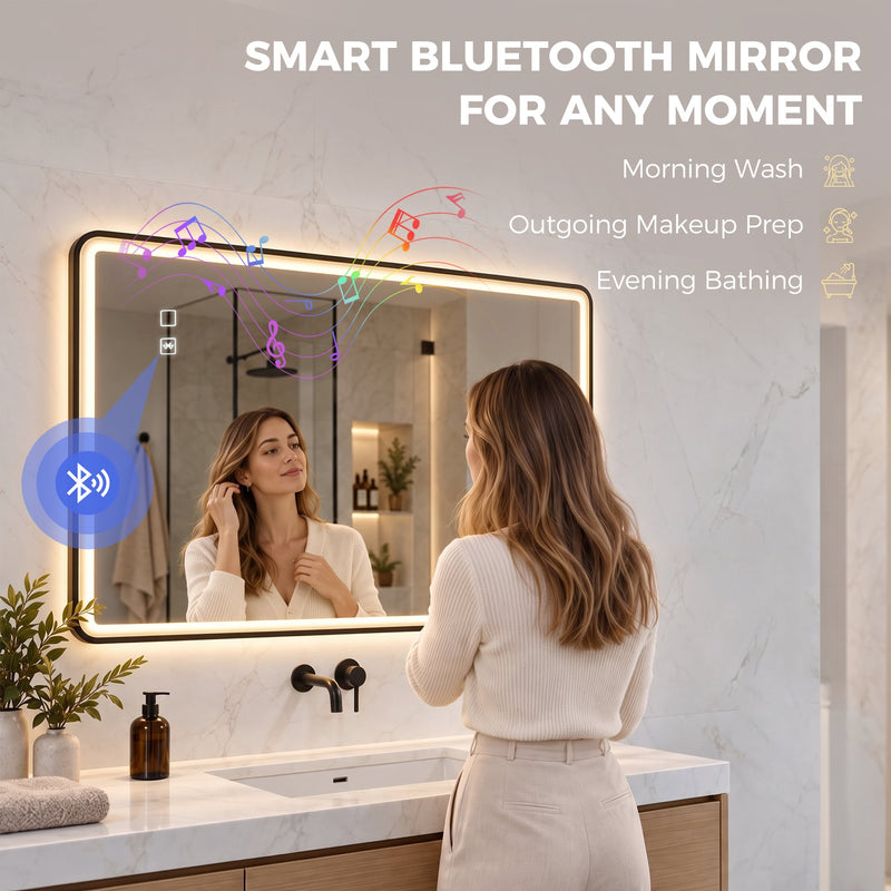 Woman using the black LED bathroom mirror with a Bluetooth music icon showing audio streaming