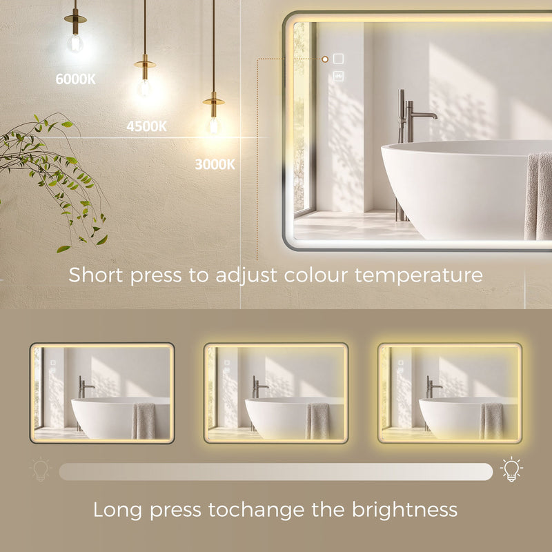 Three colour temperature settings of the black LED mirror with a brightness slider from low to high
