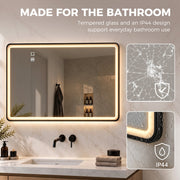Black LED bathroom mirror beside panels showing shatter-resistant tempered glass and an IP44 rating