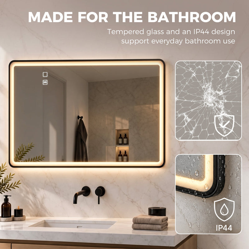 Black LED bathroom mirror beside panels showing shatter-resistant tempered glass and an IP44 rating