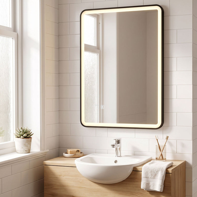 Black LED bathroom mirror mounted vertically above a small basin and wooden cabinet