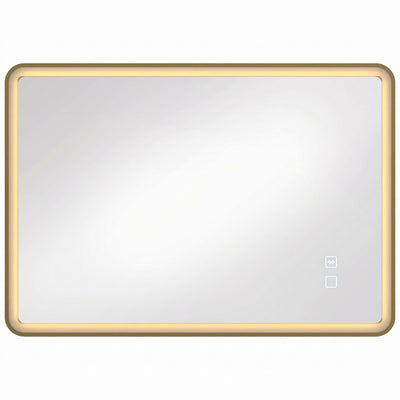 Gold rectangular LED bathroom mirror with rounded corners and a warm glowing edge, studio shot