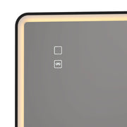 Close-up of the touch controls on the corner of the black LED bathroom mirror