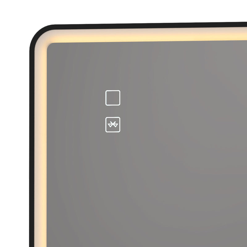 Close-up of the touch controls on the corner of the black LED bathroom mirror