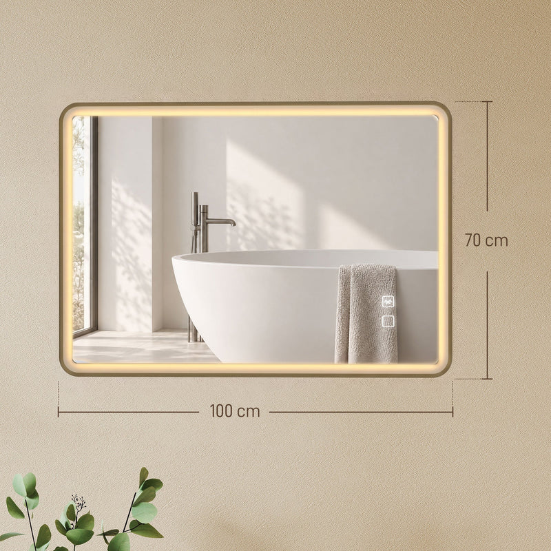 Dimensions diagram of the gold LED bathroom mirror showing 100 cm width and 70 cm height