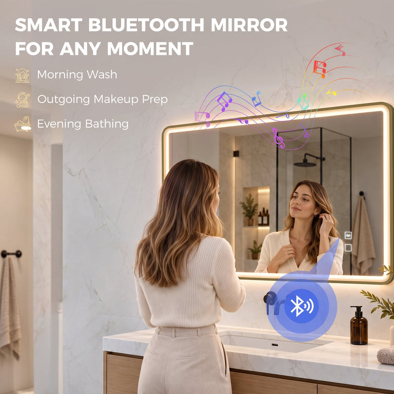 Woman using the gold LED bathroom mirror with a Bluetooth music icon showing audio streaming