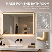 Gold LED bathroom mirror beside panels showing shatter-resistant tempered glass and an IP44 rating