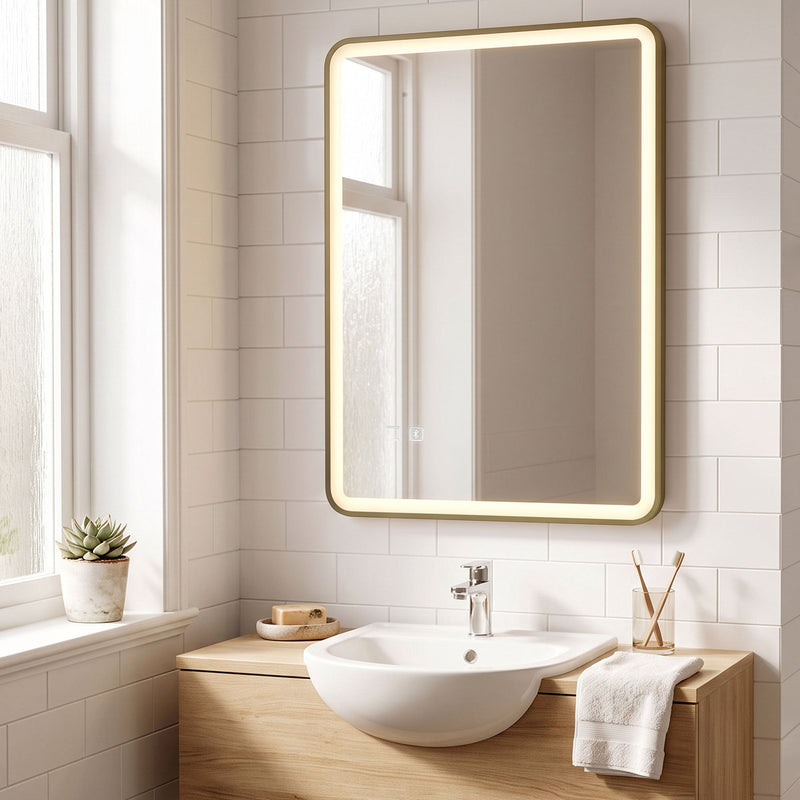 Gold LED bathroom mirror mounted vertically above a small basin and wooden cabinet