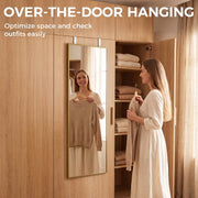 Over-the-door hanging lets a woman check her outfit by a wooden wardrobe
