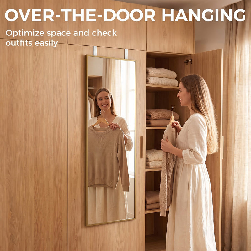 Over-the-door hanging lets a woman check her outfit by a wooden wardrobe