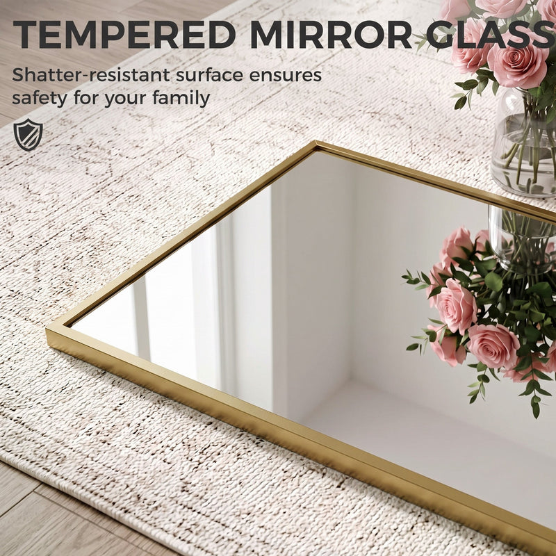 Shatter-resistant tempered mirror glass shown flat on a textured rug with flowers