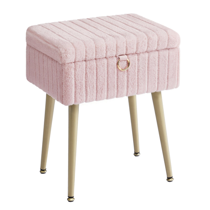 Jelly Pink plush vanity stool with gold tapered legs and a gold ring pull on the lid