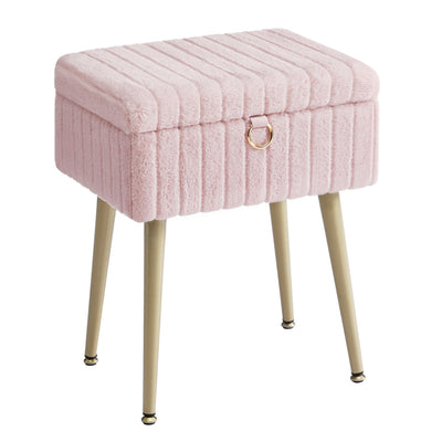 Jelly Pink plush vanity stool with gold tapered legs and a gold ring pull on the lid