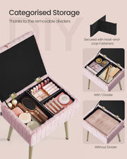 Open stool showing makeup sorted by removable hook-and-loop dividers