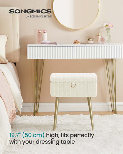Vanity stool tucked under a white dressing table in a pink bedroom, standing 50 cm high