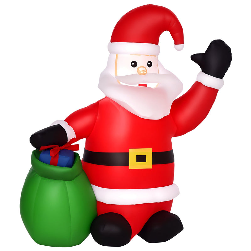Red 4ft inflatable Santa waving with a green gift sack beside him, white studio shot