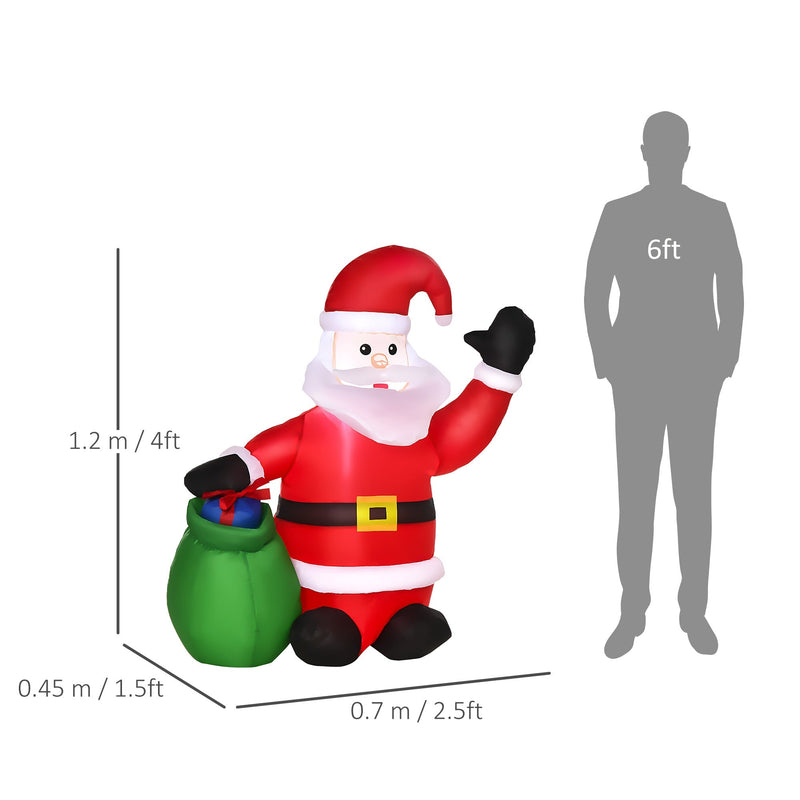 Dimensions diagram of the Santa: 120 cm high, 70 cm wide and 45 cm deep, beside a 6ft figure