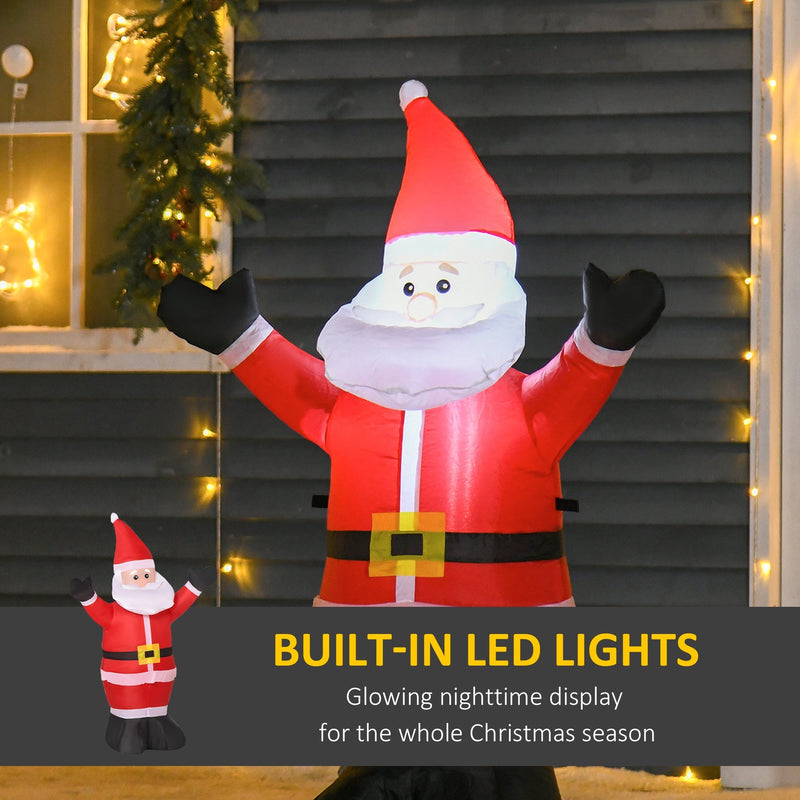 Inflatable Santa with open arms lit up in front of a house with string lights, built-in LED lights panel