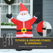 Inflatable Santa with a tether and ground stakes panel and a close-up of a tether strap