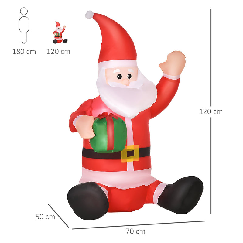 Dimensions diagram of the sitting Santa: 120 cm high, 70 cm wide and 50 cm deep, with a 180 cm figure for scale
