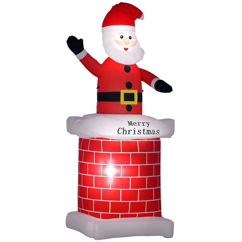 Red 7ft inflatable Santa Claus climbing from a brick chimney on a white background