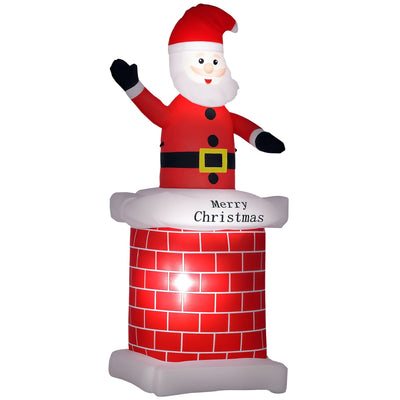 Red 7ft inflatable Santa Claus climbing from a brick chimney on a white background