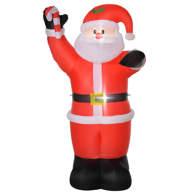 Red inflatable Santa holding a candy cane, white studio shot from a slight angle