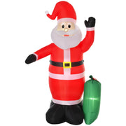Red inflatable Santa waving with a green gift bag, studio shot from a slight angle