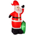 Red 8ft inflatable Santa waving with a green gift bag at his feet, white studio shot