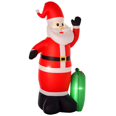 Red 8ft inflatable Santa waving with a green gift bag at his feet, white studio shot