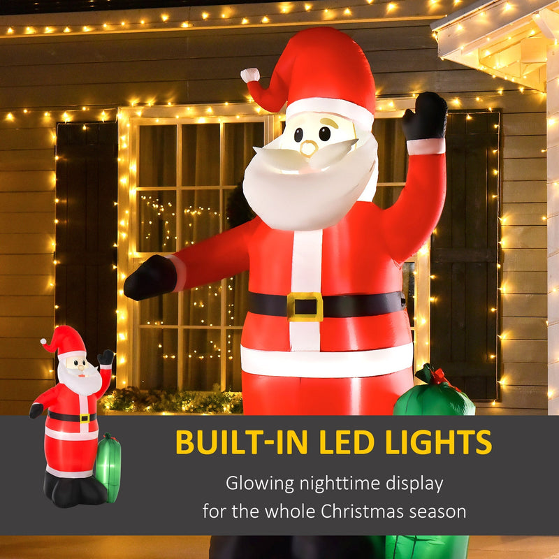 Inflatable Santa glowing in front of a house with string lights, built-in LED lights panel