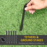 Ground stake and tether rope being fixed into grass, with five stakes and a rope coil shown